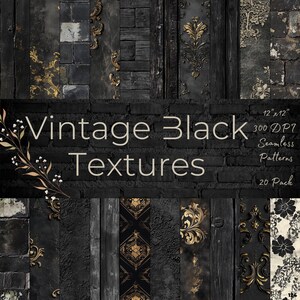 Könnte beinhalten: Ein Set mit 20 nahtlosen Vintage-Mustern in Schwarz mit goldenen Akzenten. Die Muster sind 30,48 cm x 30,48 cm groß und haben eine Auflösung von 300 DPI. Die Muster umfassen Ziegel, Holz und verzierte Designs.