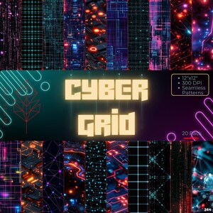 Op de afbeelding: Een digitaal kunstpakket met een cyber grid-thema, met naadloze patronen. De patronen zijn 30,48 cm x 30,48 cm bij 300 DPI. De afbeelding bevat de tekst "CYBER GRID" en "20 Pack". Het kleurenpalet bevat neonblauw, oranje en roze.