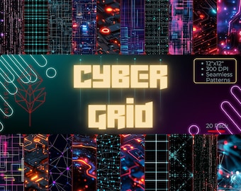 May include: A digital art pack featuring a variety of seamless patterns with a cyber grid theme. The patterns are 12"x12" at 300 DPI. The image includes the text "CYBER GRID" and "20 Pack". The color palette includes neon blue, orange, and pink.
