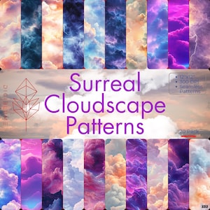 Puede incluir: Un conjunto de 20 patrones digitales sin costuras que presentan paisajes nublados surrealistas en varios colores, incluidos el rosa, el morado, el azul y el amarillo. Los patrones son de 30,5 cm por 30,5 cm y 300 DPI.