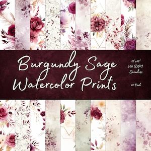May include: A set of 20 digital paper prints featuring watercolor illustrations of burgundy and sage flowers, leaves, and geometric patterns. The prints are 12 inches by 12 inches, 300 DPI, seamless, and perfect for digital scrapbooking, card making, and other craft projects.