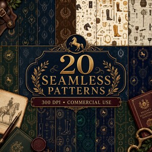 May include: A digital collection of 20 seamless patterns featuring equestrian motifs, including horses, riding boots, and ornate crests in navy, dark green, brown, and cream. The central text reads 20 SEAMLESS PATTERNS 300 DPI COMMERCIAL USE.