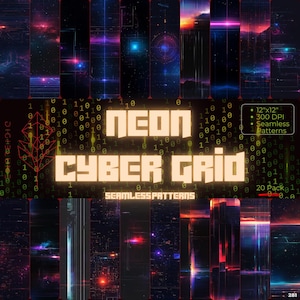 May include: A collection of digital art panels with a neon cyber grid theme. Each panel features a dark background with vibrant streaks of red, blue, and purple light. The text "NEON CYBER GRID" is displayed prominently, along with "Seamless Patterns."