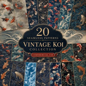 May include: A collection of 20 seamless patterns featuring vintage koi fish designs. The patterns showcase koi in various colors, including red, orange, and white, against backgrounds of blue, gray, and navy. The text "Vintage Koi Collection" is displayed.