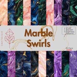 May include: A set of 20 digital paper designs featuring marble swirls in various colors, including blue, green, purple, and pink. Each design is 12 inches by 12 inches and 300 DPI.