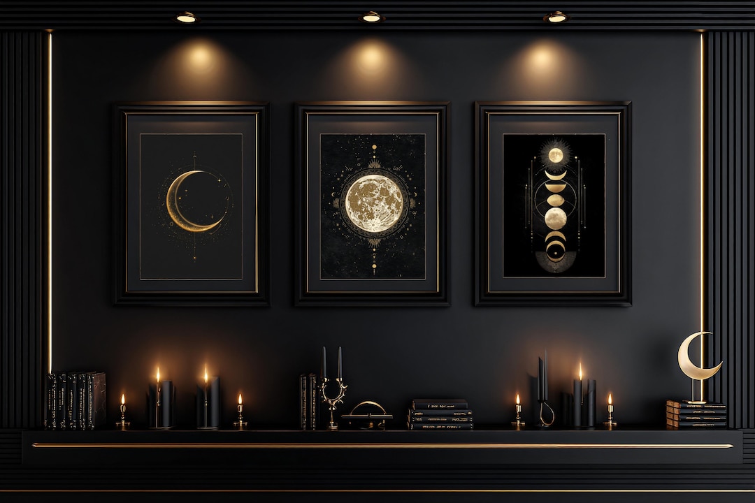 Moon Phase Wall Art Set: Black and Gold Celestial Prints (digital ...