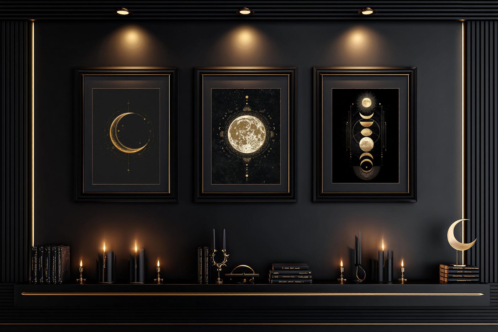 Moon Phase Wall Art Set: Black and Gold Celestial Prints (digital ...