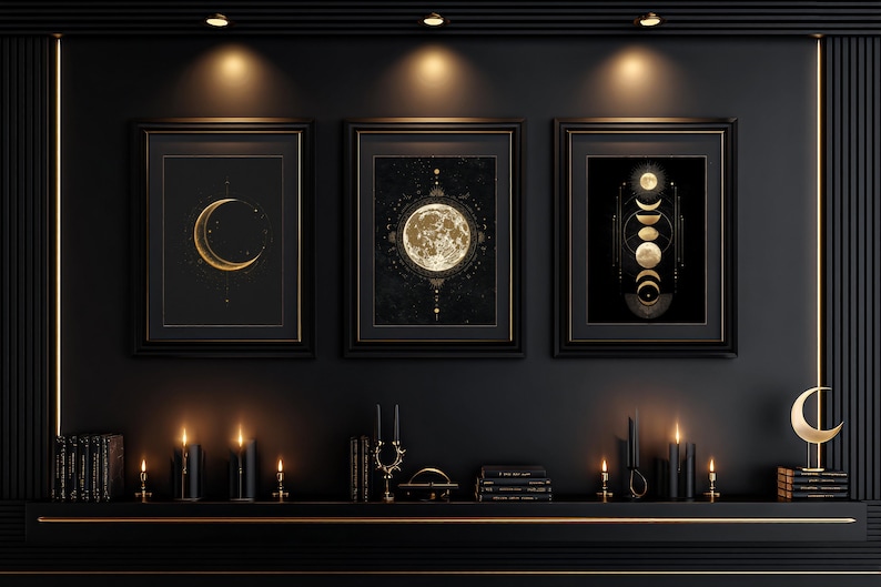 Moon Phase Wall Art Set: Black and Gold Celestial Prints (digital ...