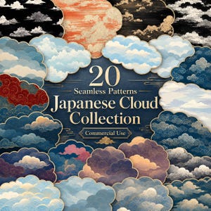 May include: A collection of 20 seamless Japanese cloud patterns in various colors, including blue, red, and orange. The image features cloud-shaped designs with the text "20 Seamless Patterns Japanese Cloud Collection Commercial Use."