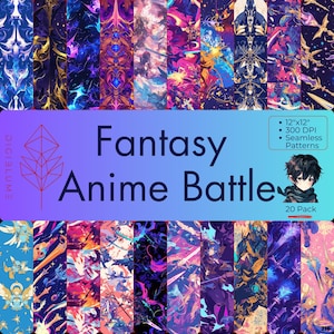 Puede incluir: Un collage de 20 diseños de papel digital con temática de batalla de anime de fantasía. Cada diseño presenta una mezcla única de colores vibrantes, patrones intrincados y personajes dinámicos. Los diseños miden 30,5 cm por 30,5 cm y 300 DPI.