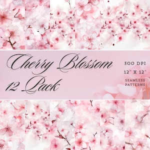 May include: A digital download of 12 seamless patterns featuring watercolor cherry blossoms in shades of pink and white. The patterns are 300 DPI and 12 inches by 12 inches.