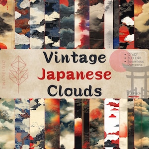Pode incluir: Uma coleção de 20 padrões sem costura com designs de nuvens japonesas vintage. Os padrões apresentam formações de nuvens, sóis e paisagens em tons de vermelho, azul e dourado. O texto "Vintage Japanese Clouds" é exibido. Dimensões: 30.48 cm x 30.48 cm.