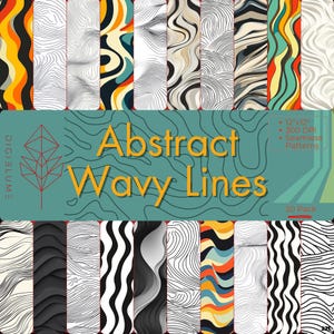 Puede incluir: Un conjunto de 20 patrones de papel digital con líneas onduladas abstractas en varios colores y estilos. Los patrones son de 30,5 cm por 30,5 cm y 300 DPI.