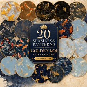 May include: A collection of 20 seamless patterns featuring golden koi fish and water motifs in various shades of blue, black, and gold. The central label displays the text 20 SEAMLESS PATTERNS GOLDEN KOI COLLECTION COMMERCIAL USE with a lotus icon.