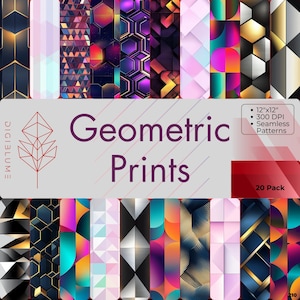 May include: A collection of 20 geometric prints, each 12"x12", featuring various abstract designs in a range of colors. The prints include geometric shapes, patterns, and textures. The image also includes the text "Geometric Prints" and "20 Pack".