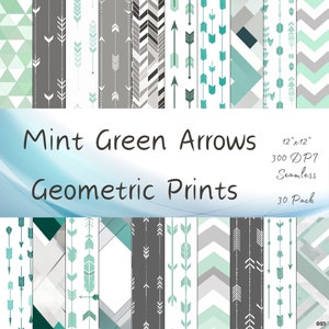 Mint Green and Grey Arrows Geometric Minimalist Prints Commercial Use - 30 Pack