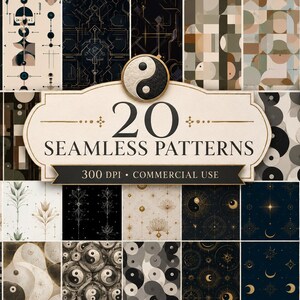 Puede incluir: Una colección digital de 20 patrones sin costuras con motivos geométricos, celestiales y yin-yang en tonos negros, blancos, dorados y neutros. La etiqueta central muestra el texto 20 SEAMLESS PATTERNS 300 DPI COMMERCIAL USE.