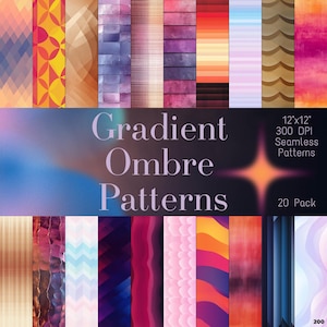 May include: A set of 20 gradient ombre seamless patterns in a 12x12 inch size at 300 DPI. The patterns feature a variety of colours and designs, including geometric, wavy, and striped patterns.