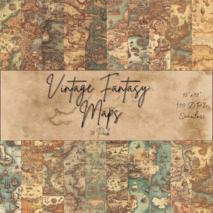 Mapa digital de fantasía vintage, mapas antiguos, patrones digitales, impresión digital sin costuras, paquete de 20