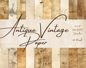 May include: A pack of 20 digital paper designs featuring antique vintage paper textures in various shades of brown and beige. The papers are 12x12 inches and 300 DPI. The text "Antique Vintage Paper" is written in brown cursive script.