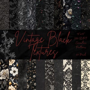 May include: A set of 20 vintage black seamless patterns, each measuring 12 inches by 12 inches. The patterns feature a variety of designs, including floral, geometric, and damask. The patterns are 300 DPI and are perfect for use in digital projects.
