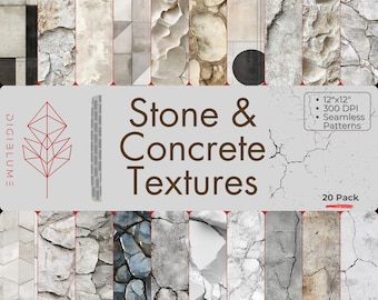 May include: A set of 20 seamless stone and concrete textures, each measuring 12 inches by 12 inches and 300 DPI. The textures feature a variety of stone and concrete surfaces, including cracked, weathered, and tiled.