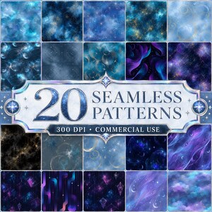 May include: A collection of 20 seamless digital patterns featuring celestial, cosmic, and abstract designs in shades of blue, purple, and black with gold accents. The central text reads 20 SEAMLESS PATTERNS 300 DPI COMMERCIAL USE.
