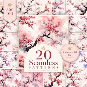 Op de afbeelding: Een verzameling van 20 naadloze patronen met aquarel illustraties van kersenbloesemtakken met roze bloemen. De patronen hebben een zachte, schilderachtige stijl met een lichte achtergrond. De afbeelding bevat de tekst "20 Seamless Patterns" en "Commercial Use."