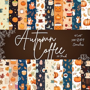 Kawaii Fall Seamless Patterns | Coffee, Pumpkin Pie & Cozy Elements | Instant Download