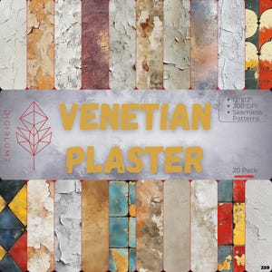 May include: A collection of 20 Venetian plaster seamless patterns. The patterns feature various textures and colors, including white, beige, brown, red, and blue. The image includes the text "VENETIAN PLASTER", "12"x12", "300 DPI", and "Seamless Patterns".