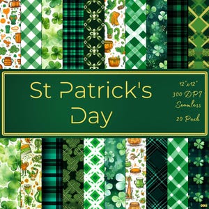 May include: A collection of St. Patrick's Day themed digital papers. The papers feature various patterns including shamrocks, plaid, and illustrations of leprechaun hats and pots of gold. The image includes the text "St Patrick's Day" and "12"x12" 300 DP7 Seamless 20 Pack".
