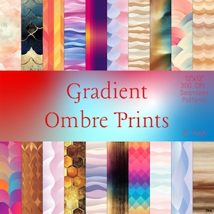 May include: A set of 20 digital gradient ombre prints, each measuring 12 inches by 12 inches at 300 DPI. The prints feature a variety of geometric and abstract patterns in a range of colors, including pink, blue, yellow, and green.