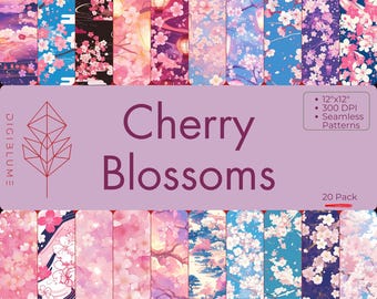 May include: A pack of 20 digital paper designs featuring cherry blossoms in various colors and patterns. The papers are 12 inches by 12 inches and 300 DPI.