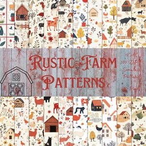 Puede incluir: Un conjunto de 20 patrones digitales sin costuras con un tema de granja rústica. Los patrones incluyen varios animales de granja, graneros y otras imágenes relacionadas con la granja. Los patrones son de 30,5 cm x 30,5 cm y 300 DPI.
