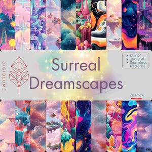 May include: A set of 20 digital seamless patterns featuring surreal dreamscapes. The patterns are 12 inches by 12 inches and 300 DPI. The patterns feature a variety of colors, including pink, blue, purple, green, and yellow. The patterns are perfect for use in digital scrapbooking, card making, and other craft projects.