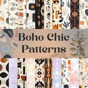 May include: A set of 20 digital seamless patterns in a boho chic style. The patterns feature geometric shapes, abstract designs, and floral elements in a warm color palette of beige, brown, orange, and white. The patterns are 12x12 inches and 300 DPI.