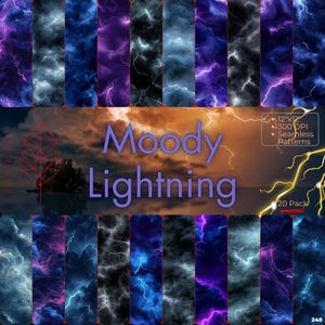 May include: A set of 20 digital seamless patterns featuring moody lightning in various colors, including blue, purple, and yellow. The patterns are 12 inches by 12 inches and 300 DPI.