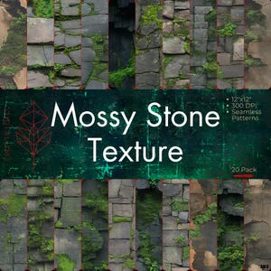May include: A digital image featuring a collection of mossy stone textures. The image showcases various stone patterns with green moss, and the text "Mossy Stone Texture" is displayed. The image is labeled as 12"x12" with 300 DPI seamless patterns.