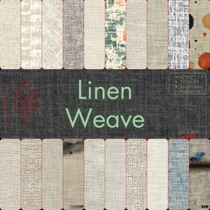 Könnte beinhalten: Ein Set mit 20 digitalen nahtlosen Mustern mit einer Leinenwebstruktur in verschiedenen Beige-, Grau- und Weißtönen. Die Muster sind 30,5 cm x 30,5 cm groß und haben eine Auflösung von 300 DPI. Der Text "Linen Weave" wird in Grün auf einem grauen Hintergrund angezeigt.