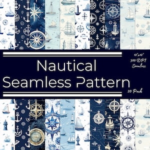 Nautische Musterdesign | Kompass, Steuerrad & Meerestiere in Marineblau | Sofort Download