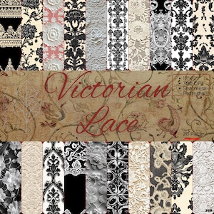 May include: A collection of 20 seamless Victorian lace patterns in various designs and colors, including black, white, and cream. The patterns are displayed in vertical strips, with the text "Victorian Lace" and product details overlaid on a textured background.