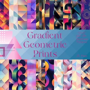 Könnte beinhalten: Ein Set mit 30 digitalen, nahtlosen geometrischen Mustern mit Farbverlauf. Die Muster sind in verschiedenen Farben gehalten, darunter Pink, Blau, Gelb, Orange und Lila. Die Muster sind 12x12 Zoll groß und haben eine Auflösung von 300 DPI.