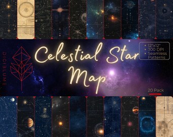 Pode incluir: Uma coleção de 20 designs de mapas estelares celestes. Os designs apresentam vários mapas estelares com um esquema de cores azul escuro e bege. O texto "Celestial Star Map" é exibido em uma fonte brilhante. A imagem também inclui o texto "12"x12"", "300 DPI" e "Seamless Patterns".