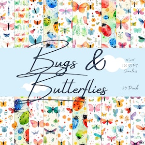 Op de afbeelding: Een verzameling van 20 naadloze digitale papieren met aquarel illustraties van insecten en vlinders. De ontwerpen tonen kleurrijke insecten, bloemen en bladeren. De tekst luidt "Bugs & Butterflies", afmetingen 30,48cm x 30,48cm.