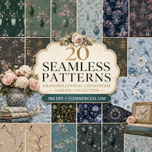 May include: A collection of 20 seamless patterns featuring Chinoiserie garden designs with floral motifs, birds, pagodas, and vases in various color palettes including dark green, navy blue, light blue, and cream, presented as a digital set.
