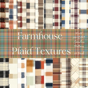 Pode incluir: Um download digital de 20 padrões de xadrez de fazenda sem costura em uma variedade de cores e estilos. Os padrões são de 30,48 cm por 30,48 cm e 300 DPI. O texto "Farmhouse Plaid Textures" é exibido no centro da imagem.