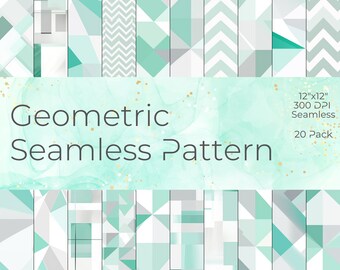 Mint Green Digital Paper Geometric Stripes Pattens Background Printable Scrapbook Paper - 20 Pack