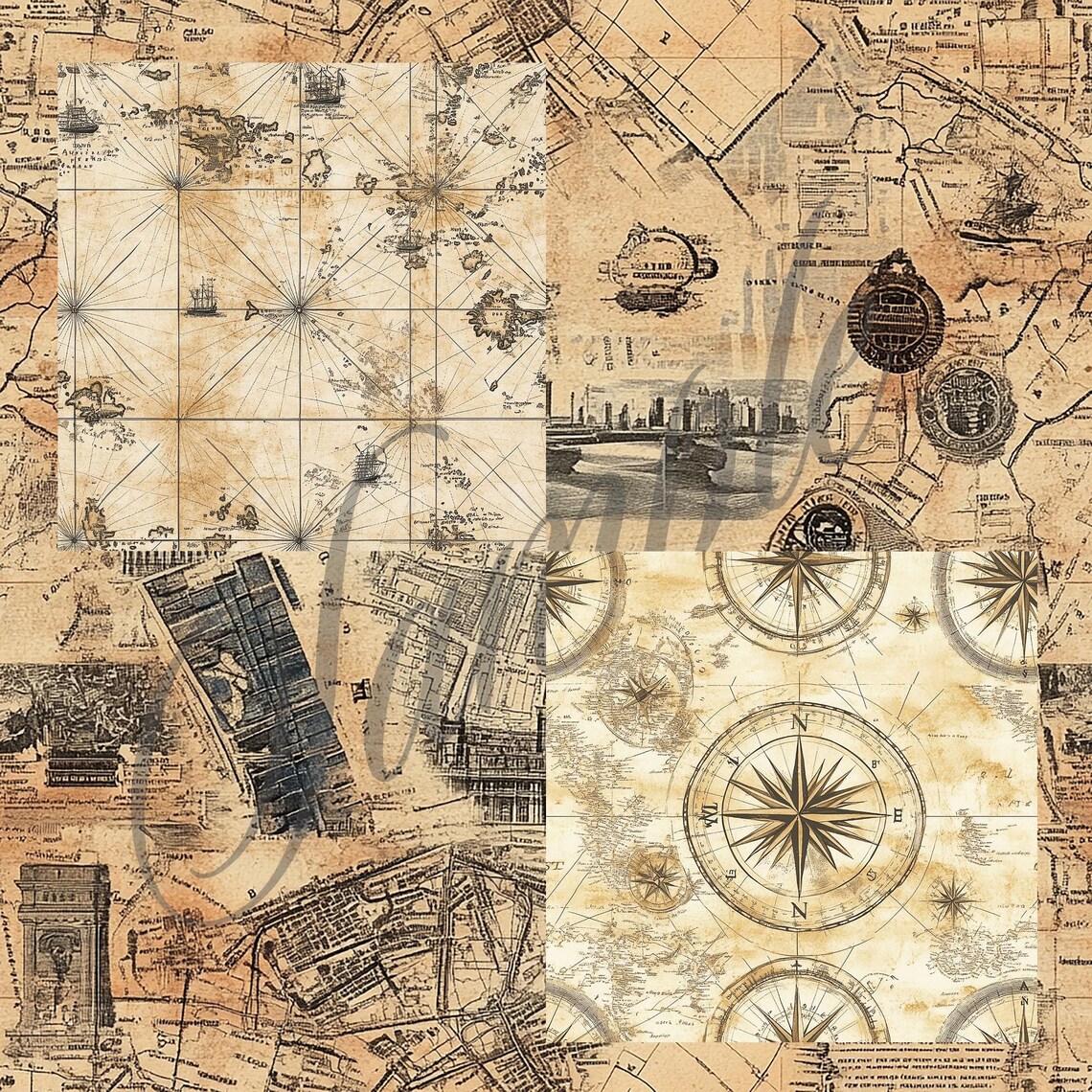 Paper Pattern Cartography Vintage Map Patterns | Antique Cartography Design | Digital Fantasy Map ...