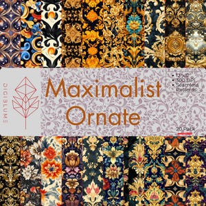 May include: A set of 20 digital paper patterns featuring ornate, maximalist designs in gold, black, and red. The patterns are 12 inches by 12 inches and 300 DPI.