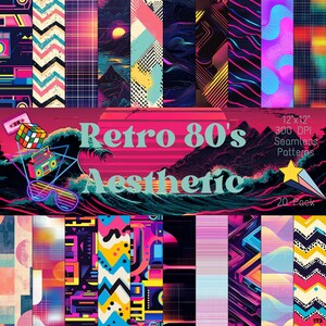 Op de afbeelding: Een set van 20 digitale naadloze patronen in een retro 80's esthetiek. De patronen zijn 30,5 x 30,5 cm en 300 DPI. De patronen bevatten geometrische vormen, strepen en verlopen in felle kleuren zoals roze, blauw, geel en groen.